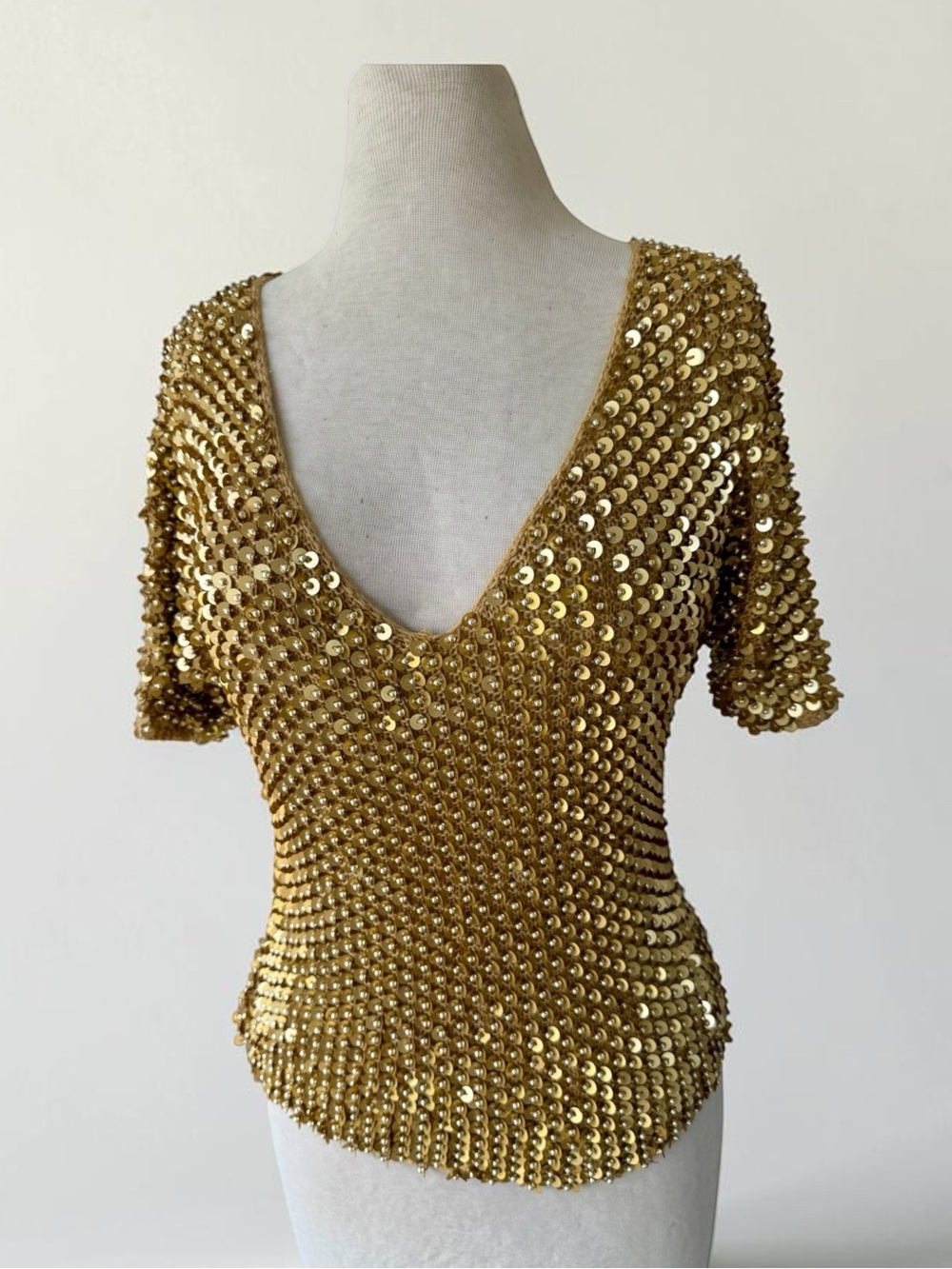 Vtg 90s Alberto Makali Gold Sequin Beaded Sweater Top Crochet Sz S Glam Y2K
